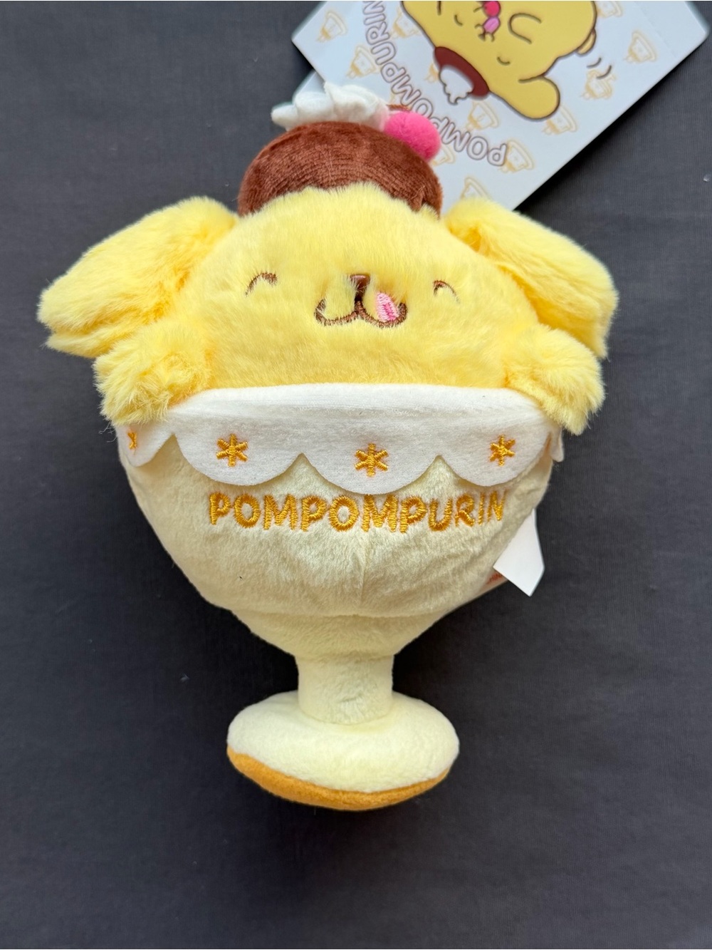 Sanrio Pompompurin with dessert cup costume plush/keychain